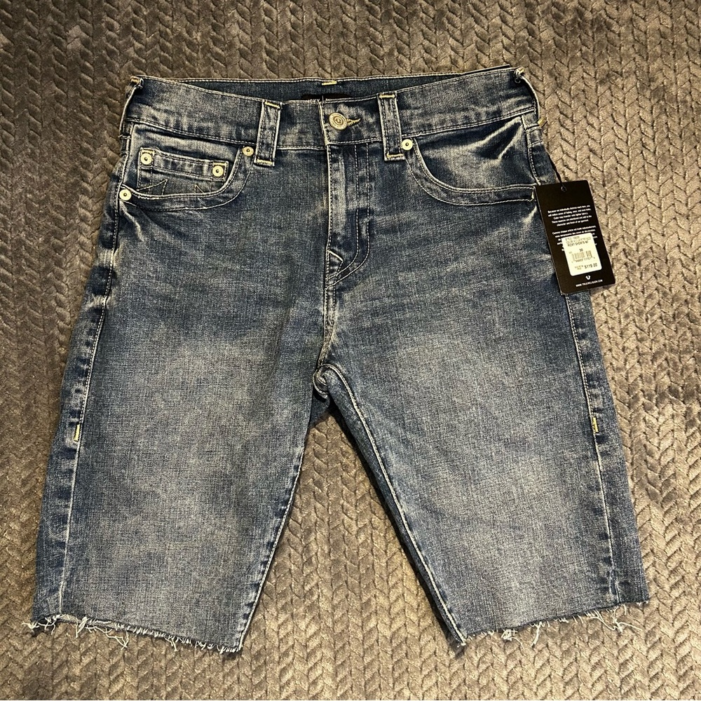 Men's True Religion Distressed Blue Denim Cut-Off Shorts Raw Hem Size 30